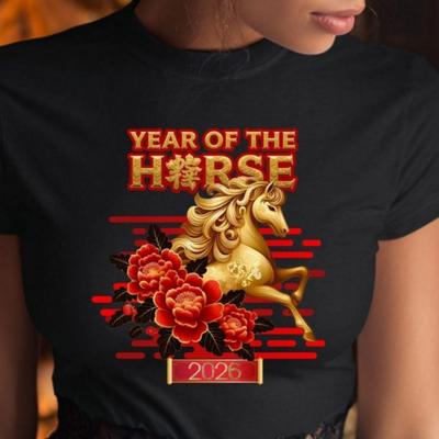 Year of The Horse T Shirt 2026 Chinese New Year Horse Lunar New Year Floral Gold Design Tops Asian Festival Unisex Clothes