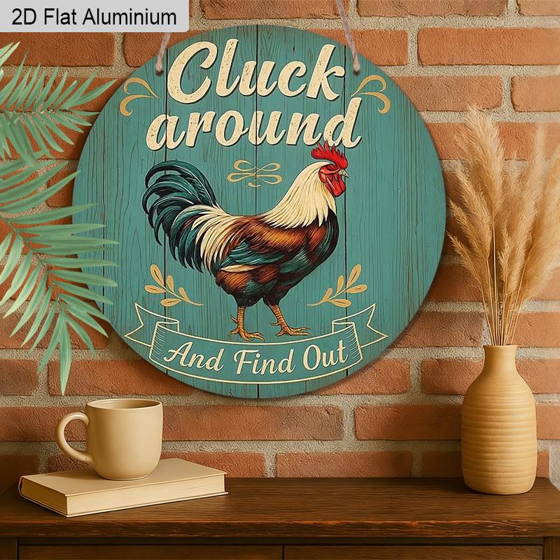 2D Flat Aluminum Funny Chicken Sign Round Metal Sign, Funny Farm Animal Door Hanger for Backyard Barn Fence Decoration, Pre-Drilled Holes for Easy