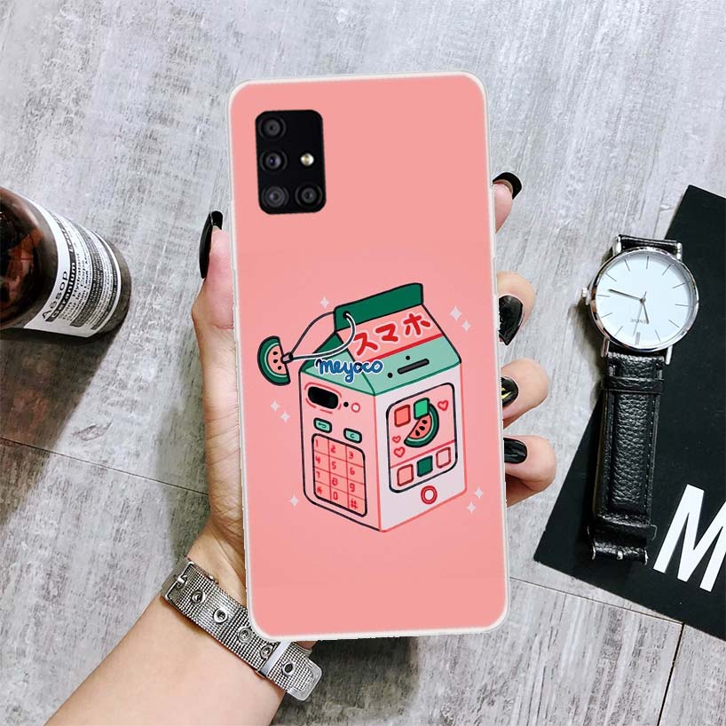 Kawaii Japanese Strawberry Milk Box Phone Case For Samsung Galaxy A14 A15 A13 A12 A54 A55 A53 A52 A04S A24 A25 A23 A22 A34 A35 A