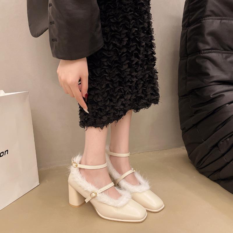 Fashion Women's Coarse Heel Single Shoes Winter New Square Head Shallow Mouth Non-slip Wear-resistant Word with Low Top Shoes