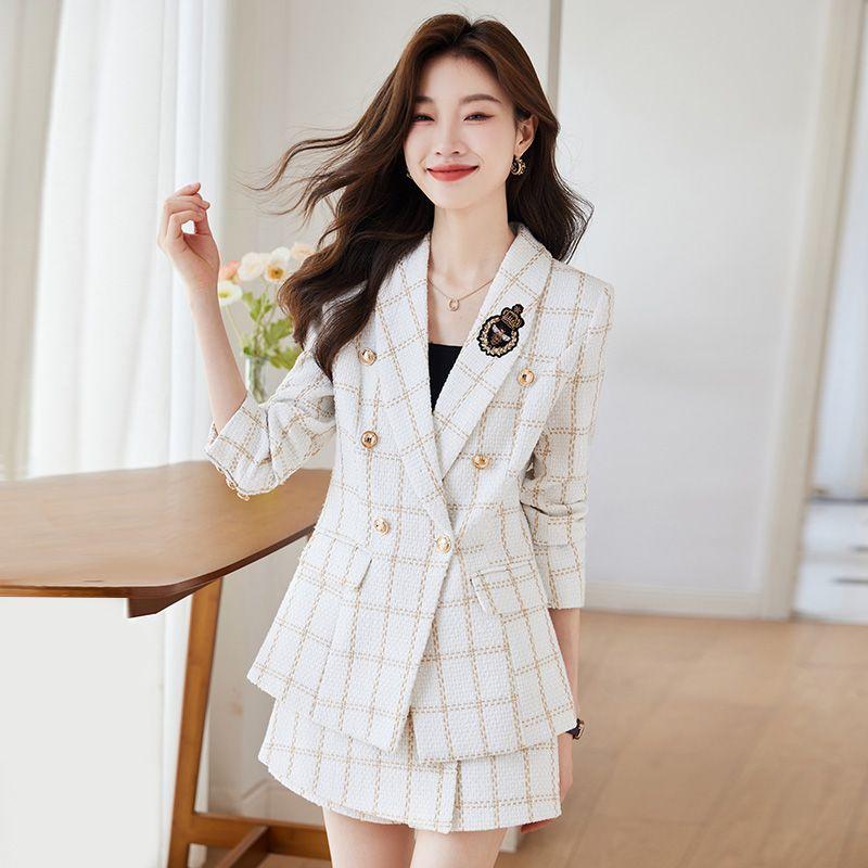 Elegant Lady White Suit Jacket and Skirt Two-piece Set for Spring, Double-breasted Casual Wear Clothes