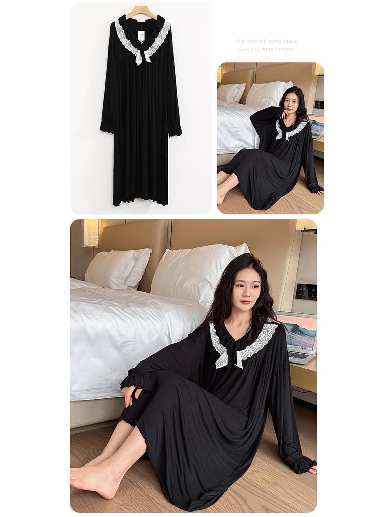 Autumn Plus Size Lace Long Sleeve Modal Dress - Versatile Women's Homewear Pajamas