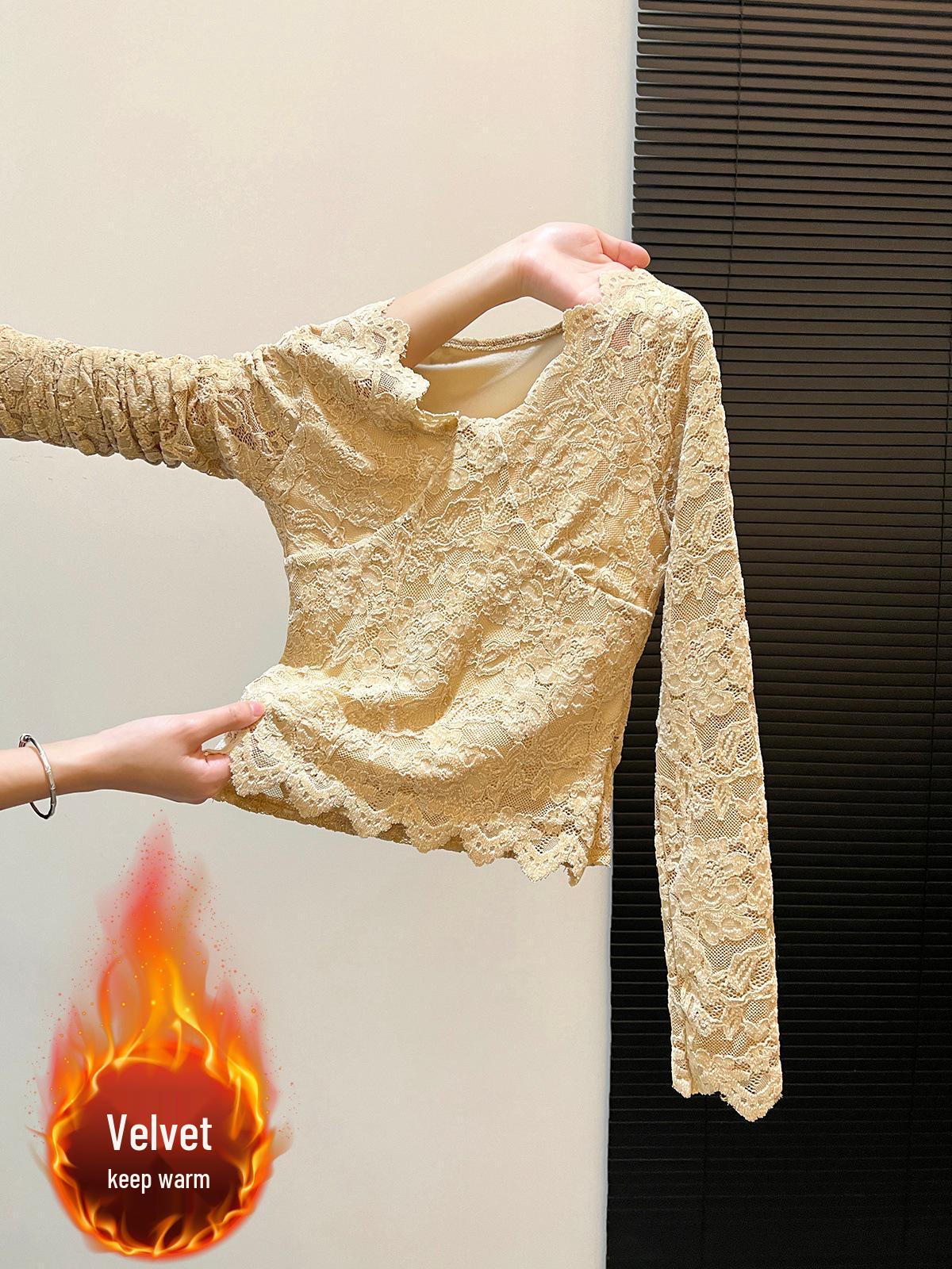 

Chic Long-Sleeve Lace Shirt with Hollow Design, Plus Velvet, for Women - Stunning Autumn/Winter Base Layer Small