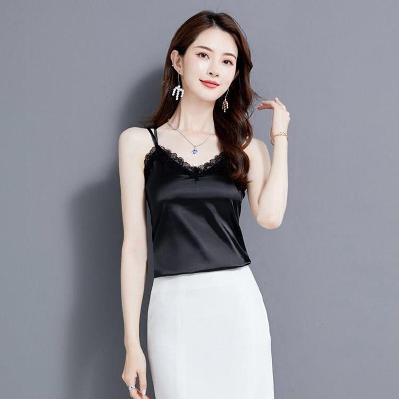 Spring and Summer Black Lace Imitation Silk Sling Women's Thin Suits Wear Outer Vests and Inner Vests Sleeveless Bottoming Shirt Top