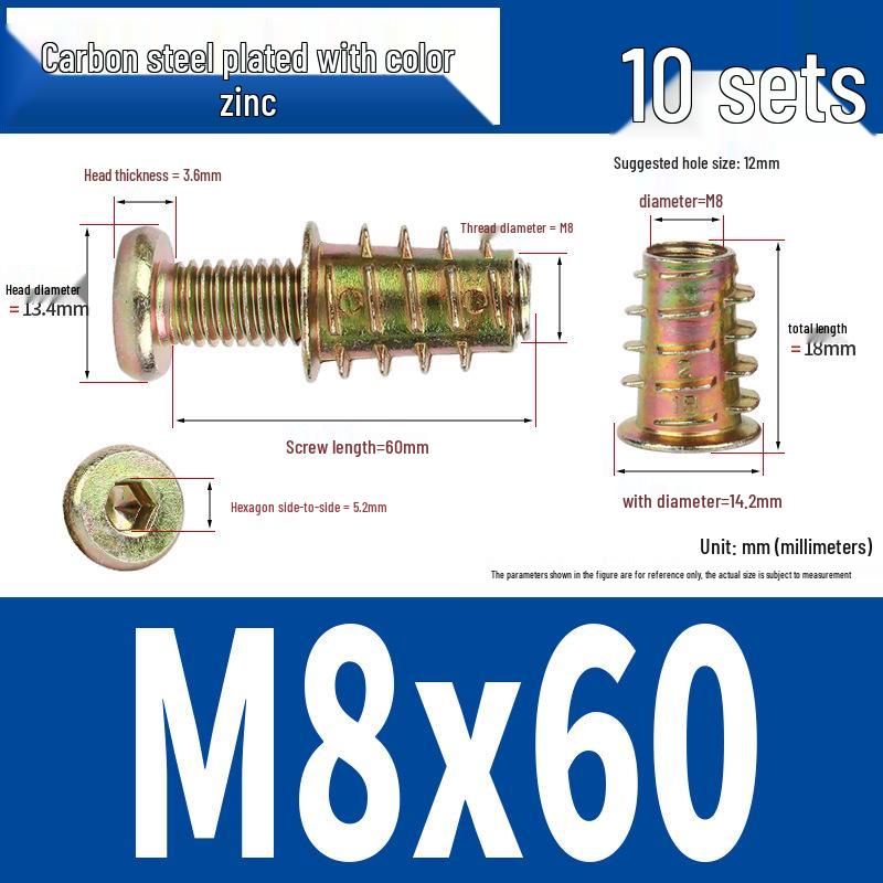 Flat Head Hex Socket Screws & Pre-embedded Nut Set for Wooden Bed Connectors
