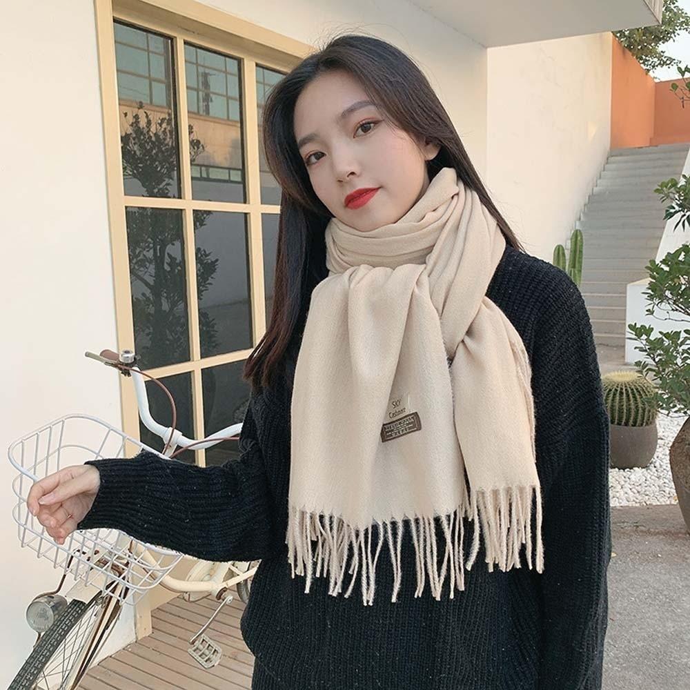 Soft Solid Color Shawl Windproof Long Neckscarf with Tassel Large Classic Wool Scarf  Couple