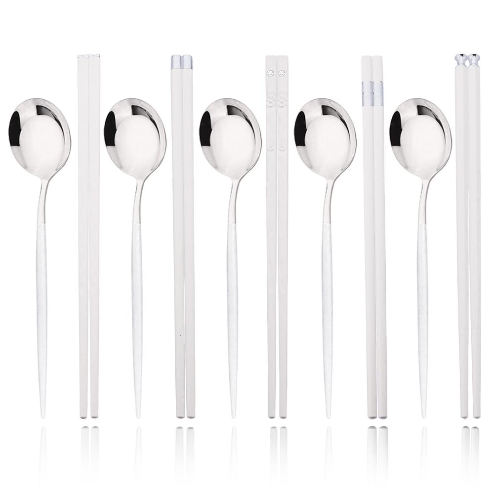 10Pcs Black Gold Stainless Steel Food Chopsticks Spoon Set Long Handle Flat Non-slip Chopsticks Dessert Spoons Dinnerware Set