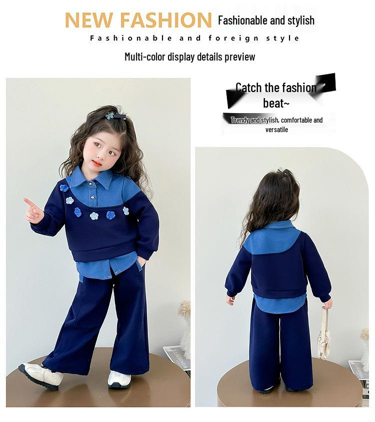 Zweiteiliges Denim-Set für Mädchen mit floralem Patchwork - Mode Frühling/Herbst 2025