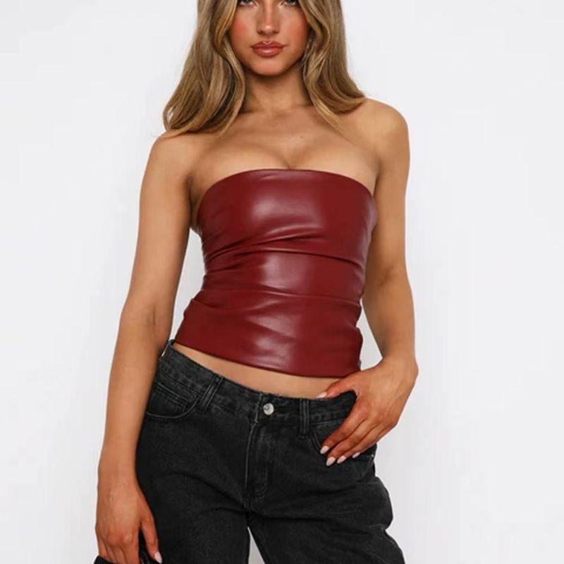 

Western Style Fashion Wrap-around Top Solid All-Match Sexy Tube Top Vest Sexy Pu Strapless Vest Burgundy S