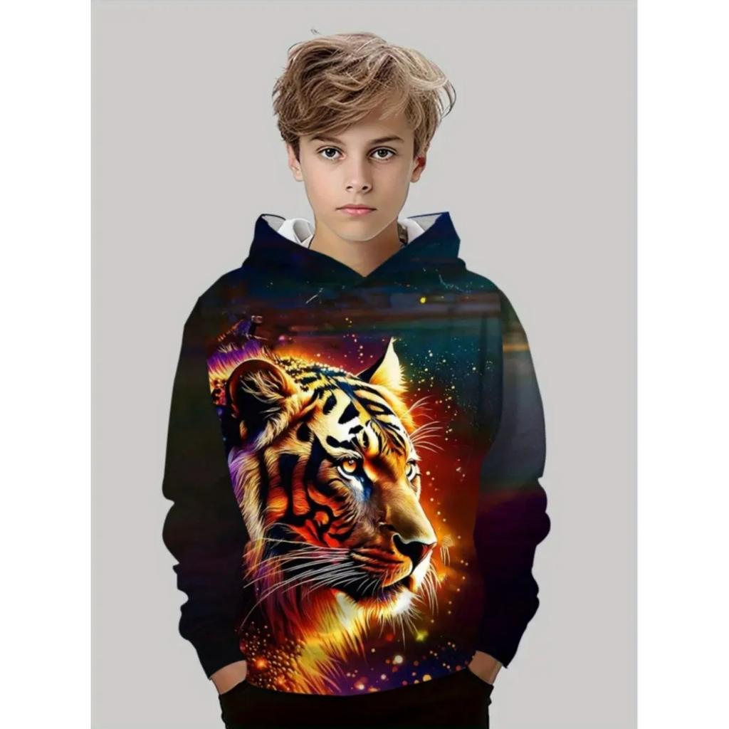 Animal Hoodie Cool Tiger Pattern 3D Print Tops Autumn Fashion Loose Pullover Long-Sleeve Hoodie Comfort Children's Clothing Boy