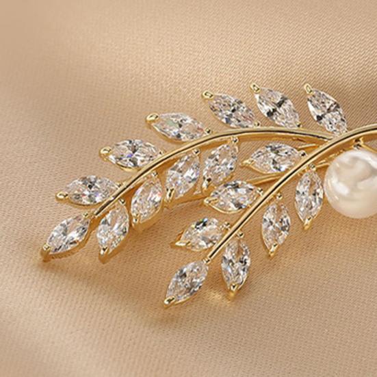 Women Brooch Sparkling Cubic Zirconia Wheat Ear Design Suit Lapel Badge with Imitation Pearls Scarves Dresses Accessories