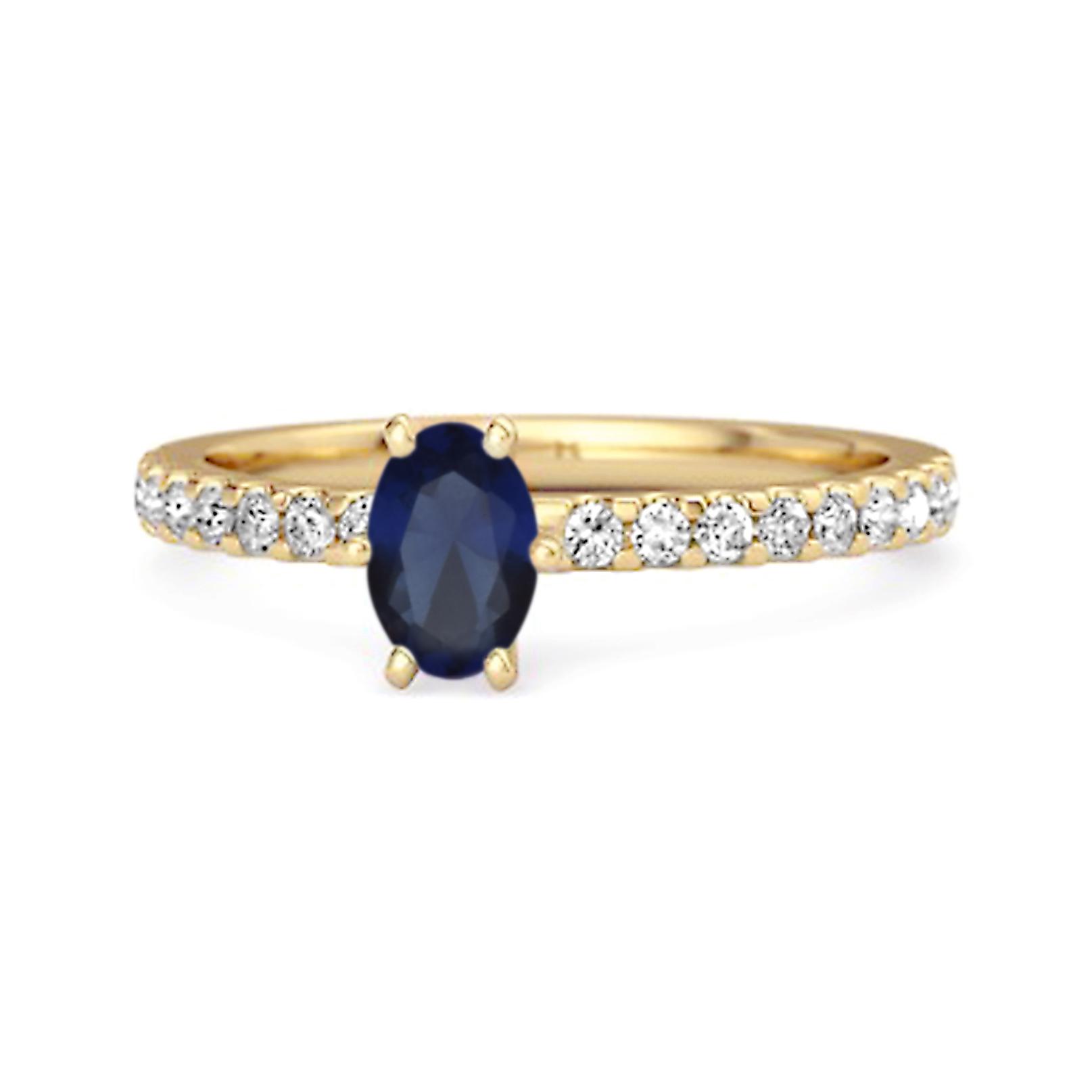 Blue Sapphire Oval Solitaire Ring - 925 Sterling Silver Gold Vermeil 6.5