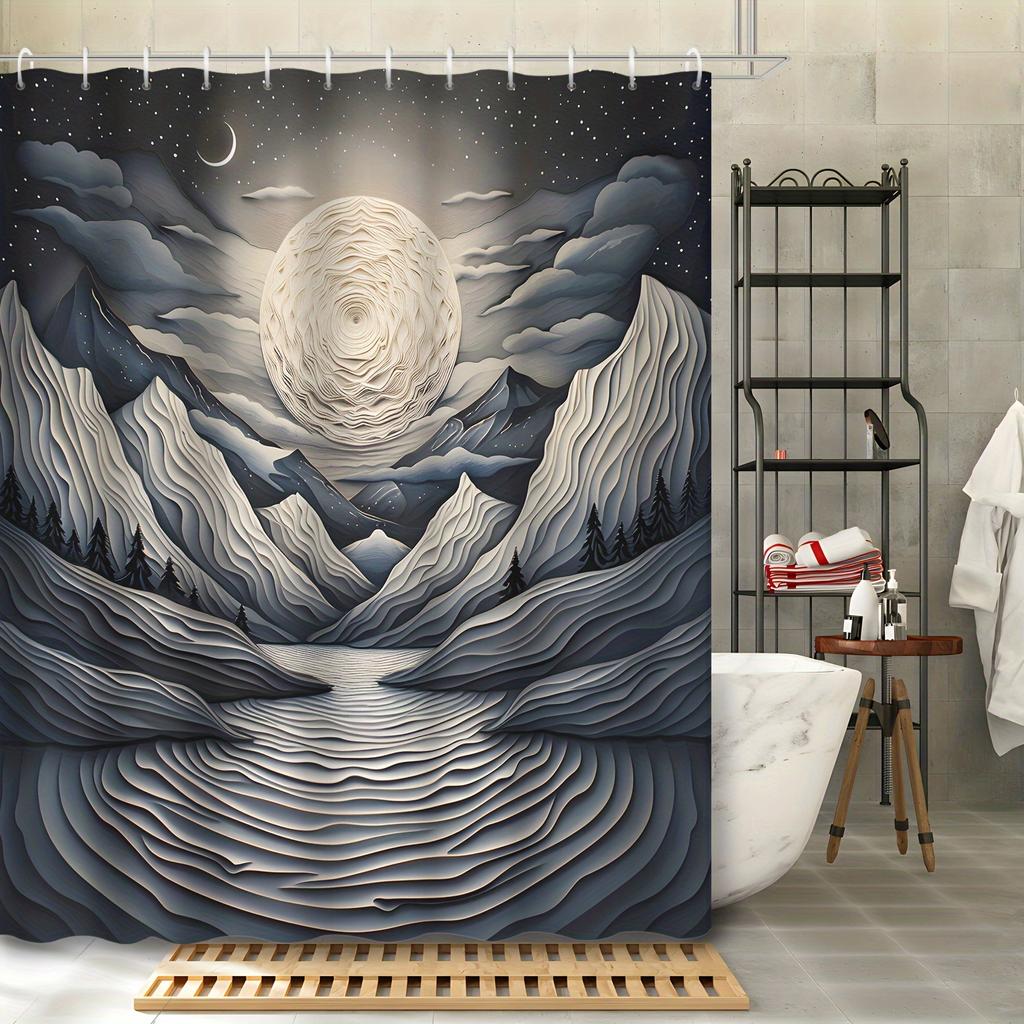 1pc Three-dimensional Effect Creative Abstract Art Geometric Lines Starry Sky Moon Mountains Rivers Shower Curtain, 12 Hooks