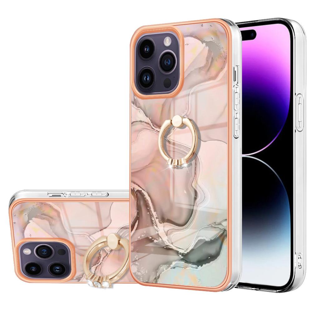 YB IMD Series-17 Style-E for iPhone 15 Pro Max Ring Kickstand 2.0mm TPU Phone Case IMD Marble Pattern Back Cover