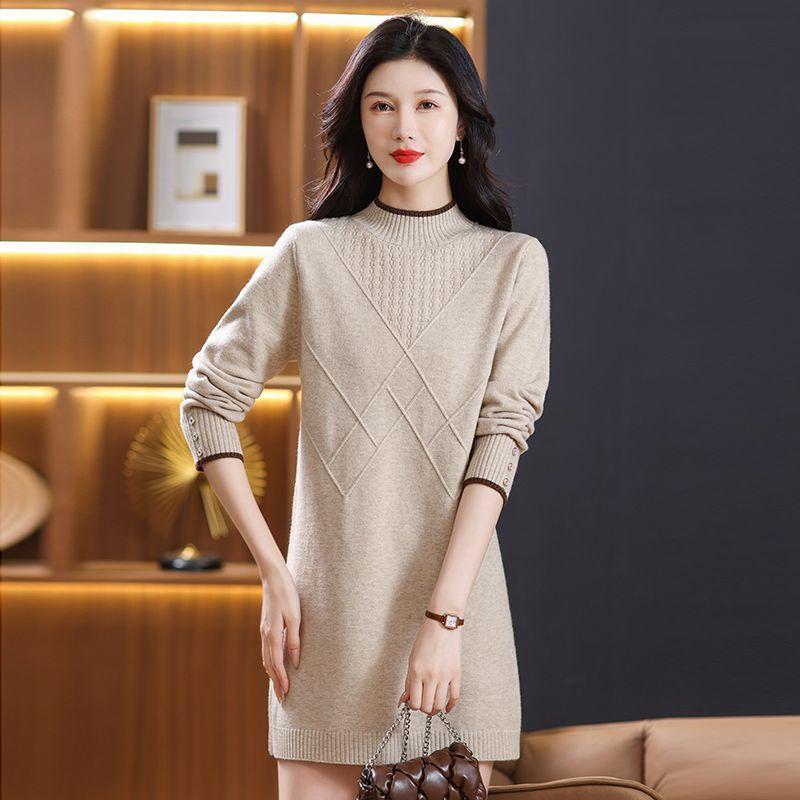 

Свободный пуловер большого размера для женской осени и зимы, повседневное вязаное платье с полувысоким воротником, однотонный свитер средней длины 3XL бежевый