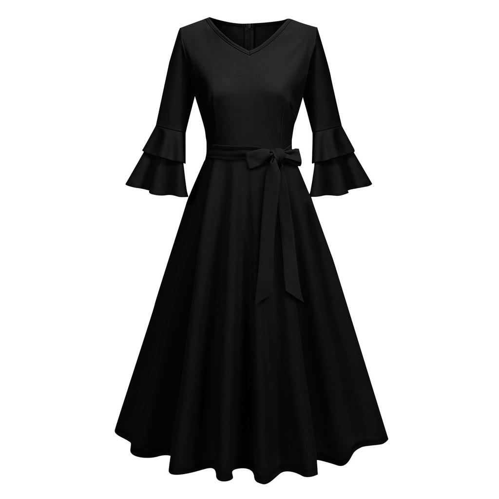 Women's Elegant Bell Sleeve Cocktail Party Dresses For Wedding Guest Fit And Flare Church Midi Evening Dress