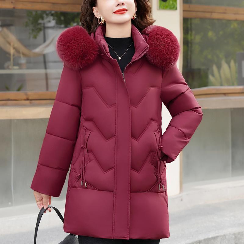 Plus Size Middle Age Women Winter Coats Hooded Faux Fur Collar Elegant Thick Warm Parkas Female Jackets