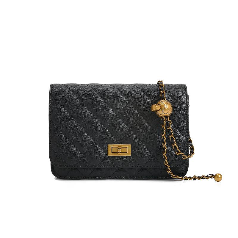Women S Bag Small Fragrant Wind Rhombus Chain Small Gold Ball Messenger Bag Genuine Leather Foreign Style Shoulder Small Square Bag чёрный