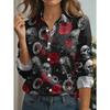 Women's casual digital print-long-sleeved shirt, skull rose dark style, button collar