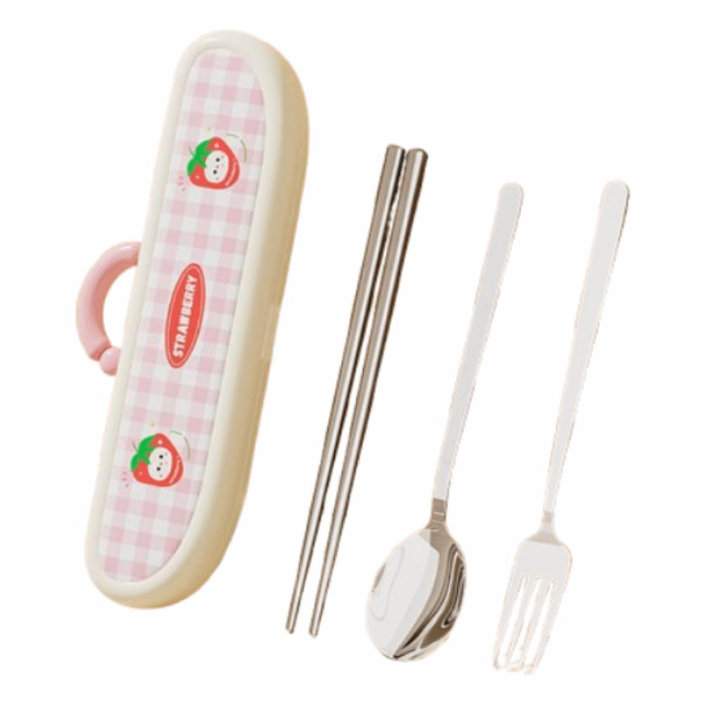Stainless Steel Chopsticks Three-piece Set Cartoon Pattern Fork Dining Utensils Kit  Office Use