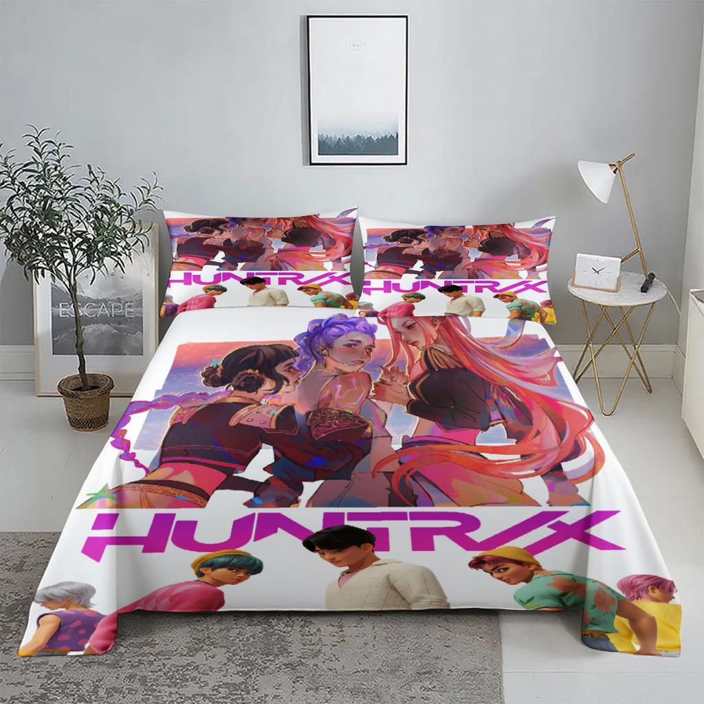 Golden Demon Hunters K-pop Bed Sheet Set 3D Printed Bed Flat Sheet With Pillowcase Bed Linen King Queen Size
