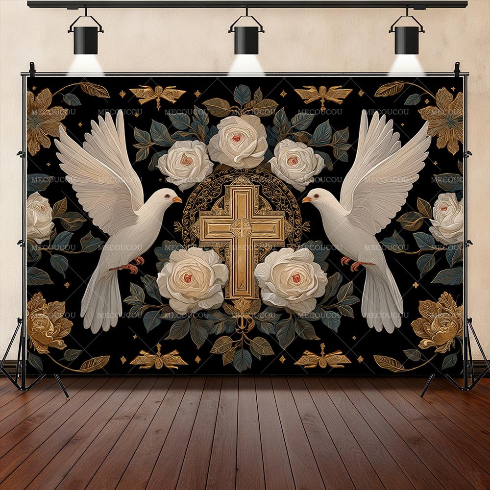 Cross Holy Grail White Dove My First Holy Communion Background Customizable Baptism Party Party DecorationArrangement Background