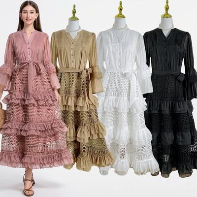Französische Landebahn Frühling Aushöhlen Spitze Patchwork Rüschen Langes Kleid Vintage Frauen V-Ausschnitt Flare Ärmel Hohe Taille Gürtel Lose Kleid