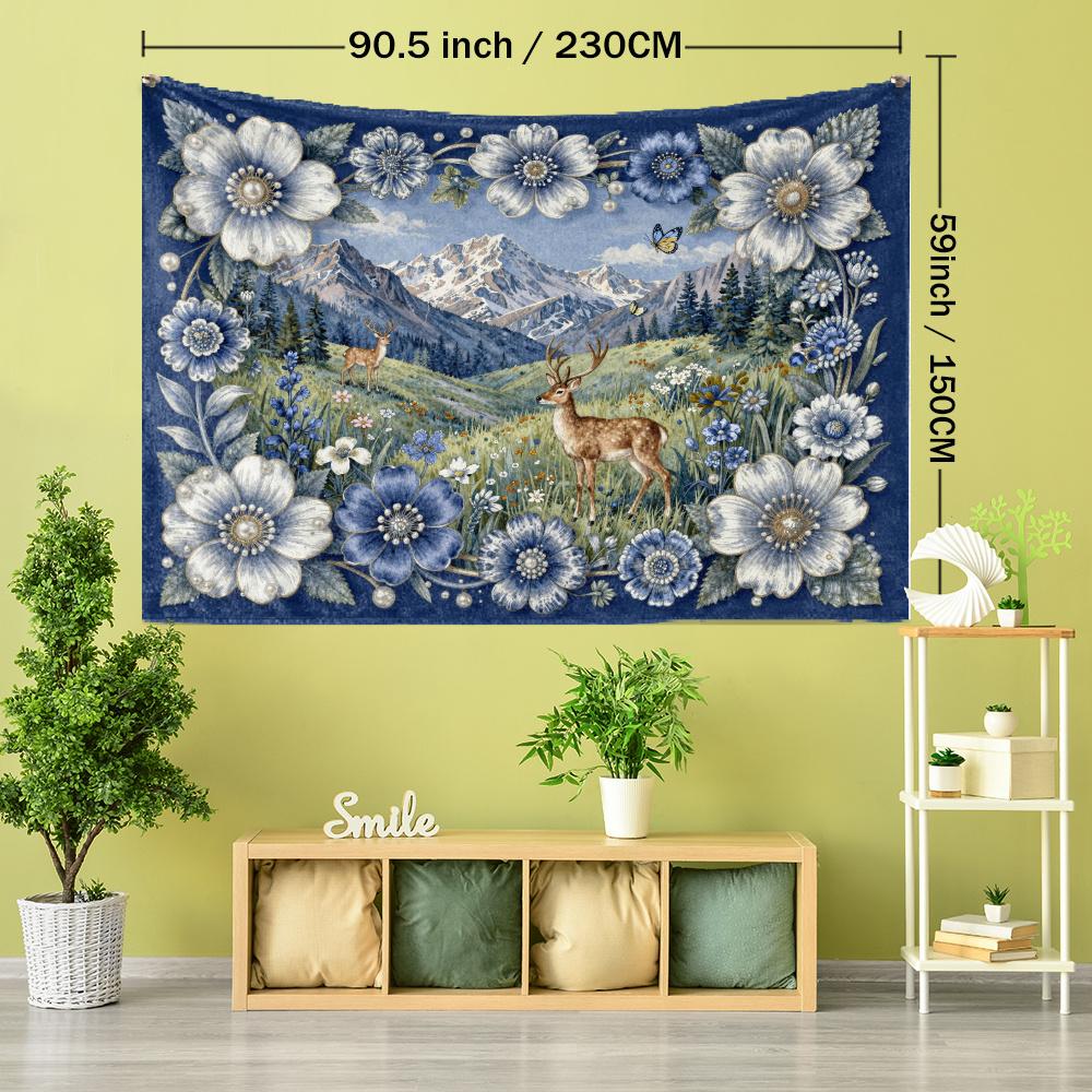 1pc Blue Floral Border with Mountain and Forest Deer Scenery Printed Tapestry Wall Hanging, Simple Art Bohemian Style Living Room Bedroom Home Decor F