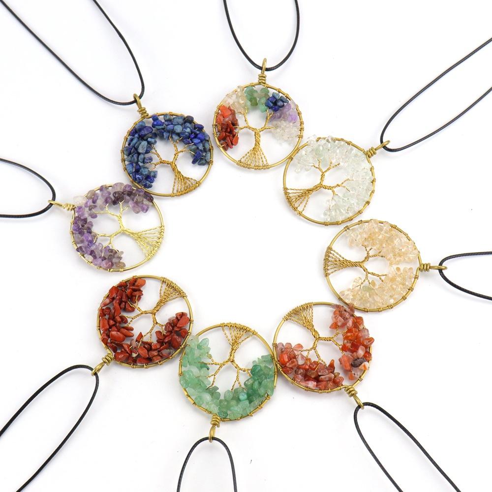 Hand-Wound Natural Gravel Raw Copper Tree Root Life Tree Necklace Crystal Stone Pendant Necklace N46
