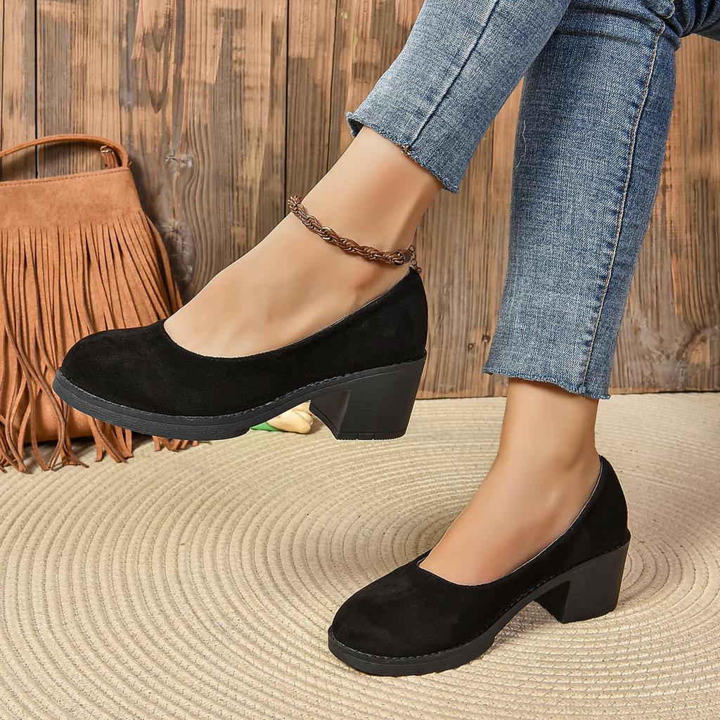 High Quality Spring and Autumn Women's Shoes Fashionable Round Toe Shallow Mouth Medium Heel Suede Slip-On Women's High Heels