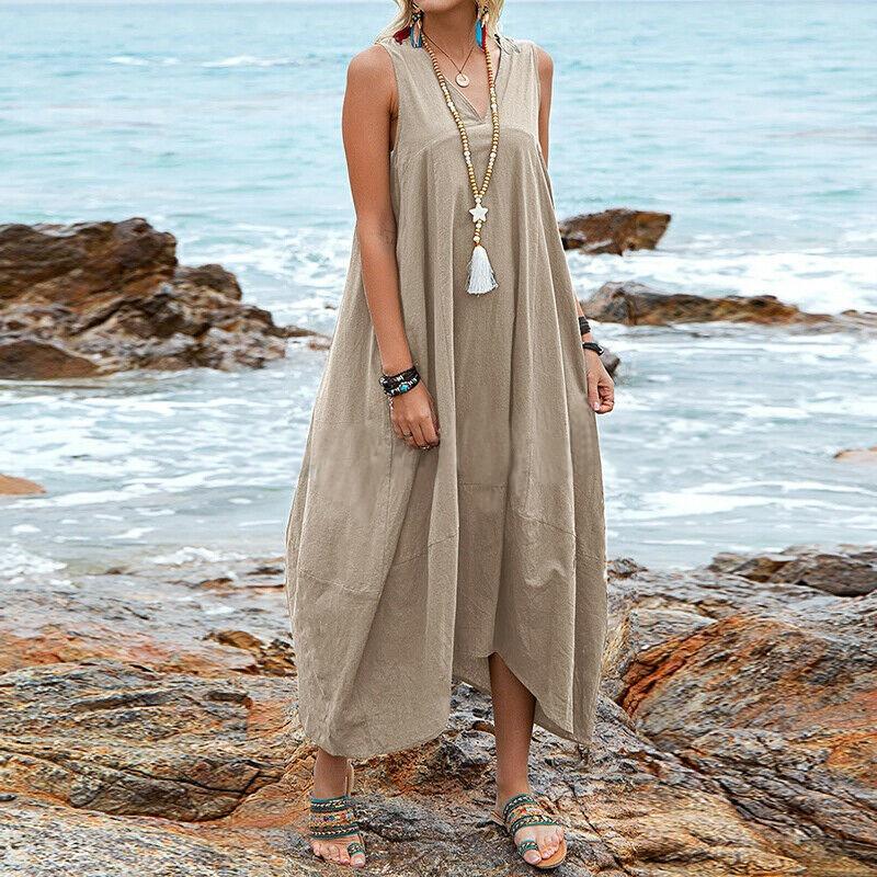 BITCED Fashion Summer Spring Solid Color Prin Sleeveless V-Neckt Casual Dresses