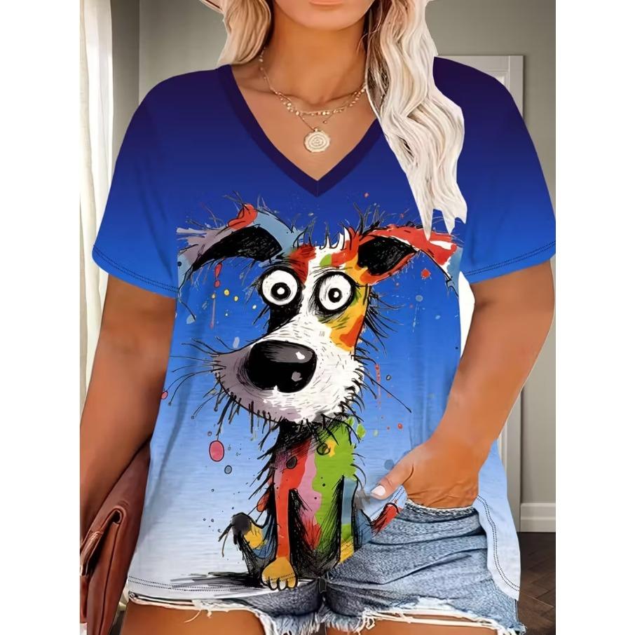 XL-7XL Plus Size Women's Men Animal Dog Casual 3D Print Loose V Neck Short Sleeved T-shirt Top