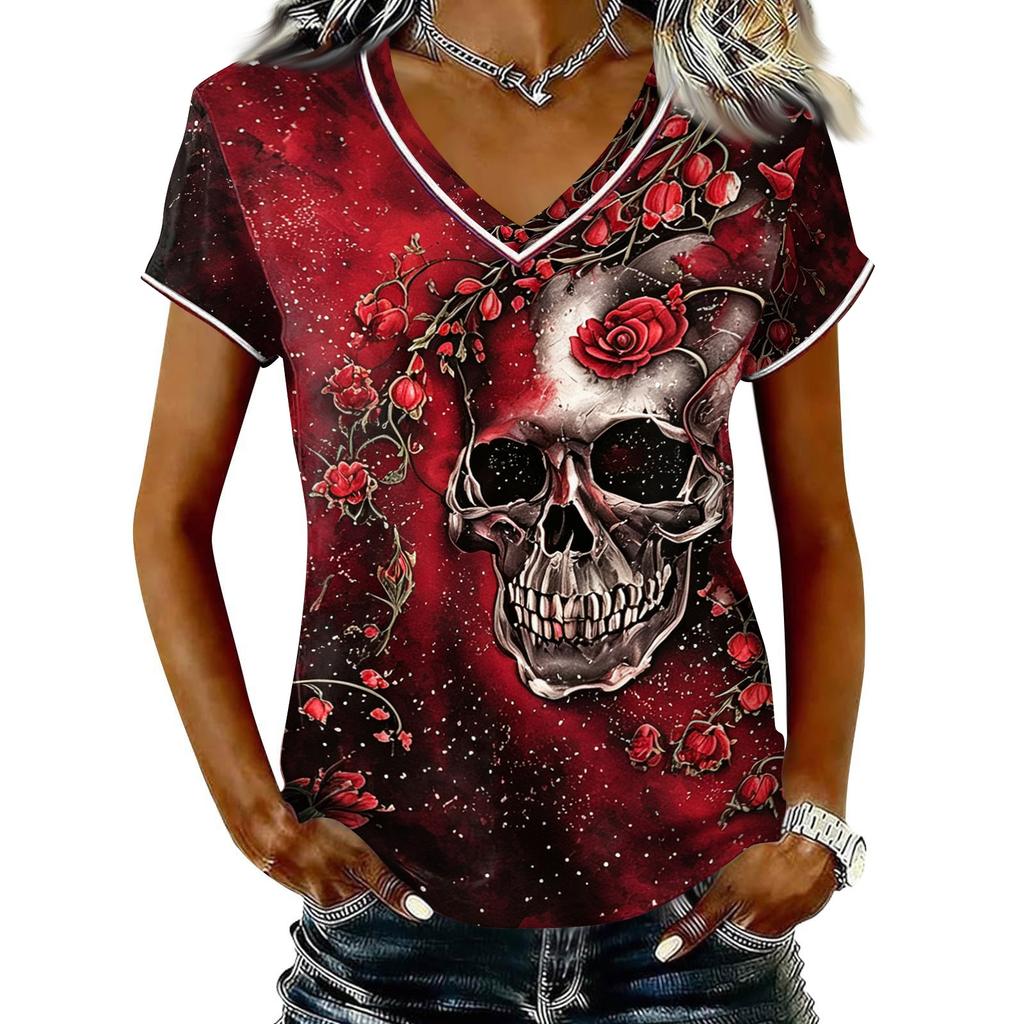 Dames Casual V-hals Korte Mouw T-shirt Halloween Print Pullover Top