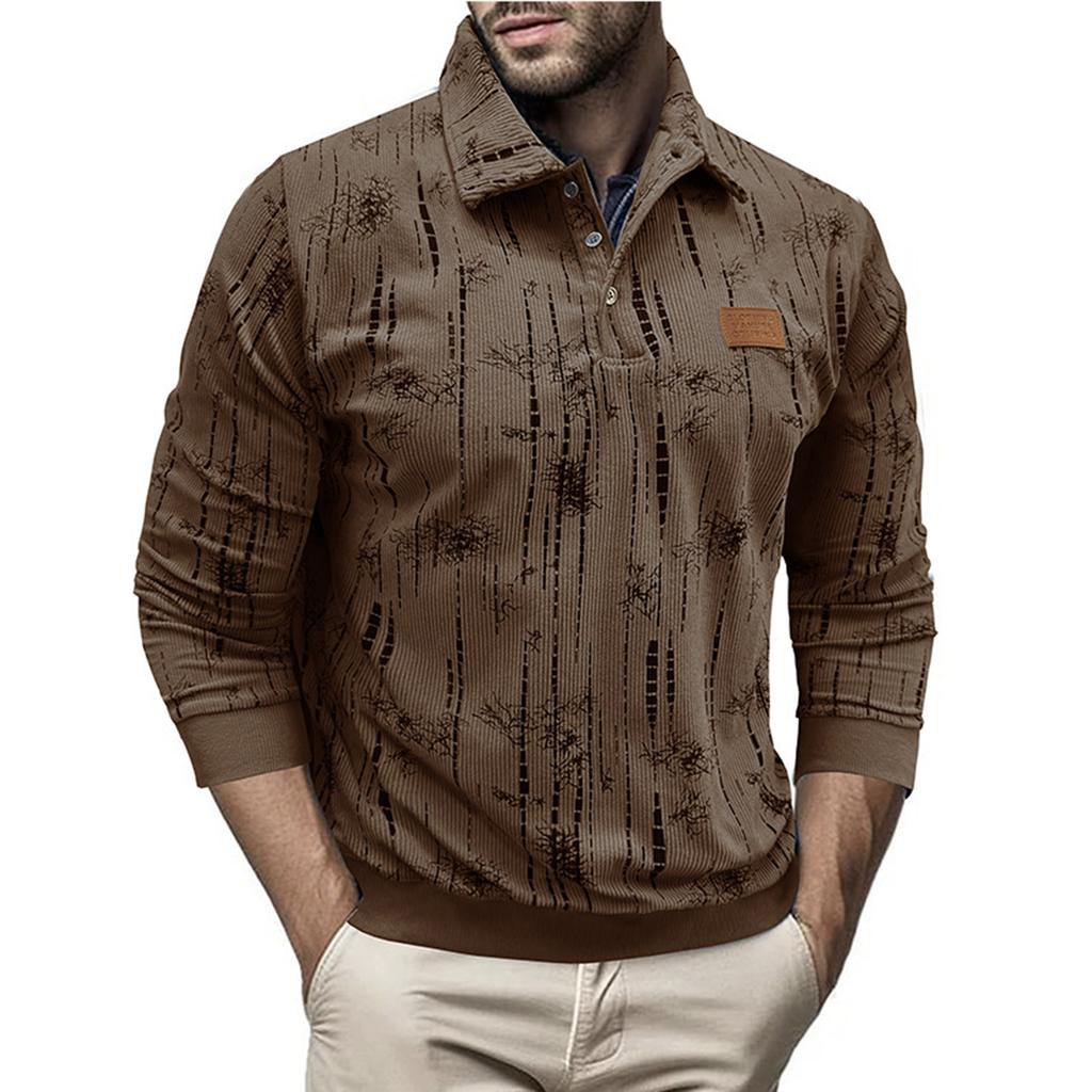 Men's Casual Loose Floral Top Lapel Button Long Sleeve Sweatshirt