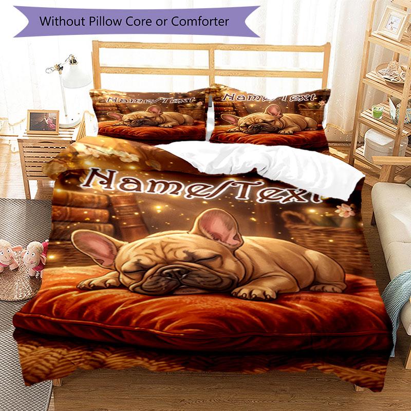 3PC Custom Name Cozy French Bulldog Nap Bedding Set Printed  Bedding Set Duvet Cover Closure Includes 1 Duvet Cover & 40 Pillowcases for Bedroom
