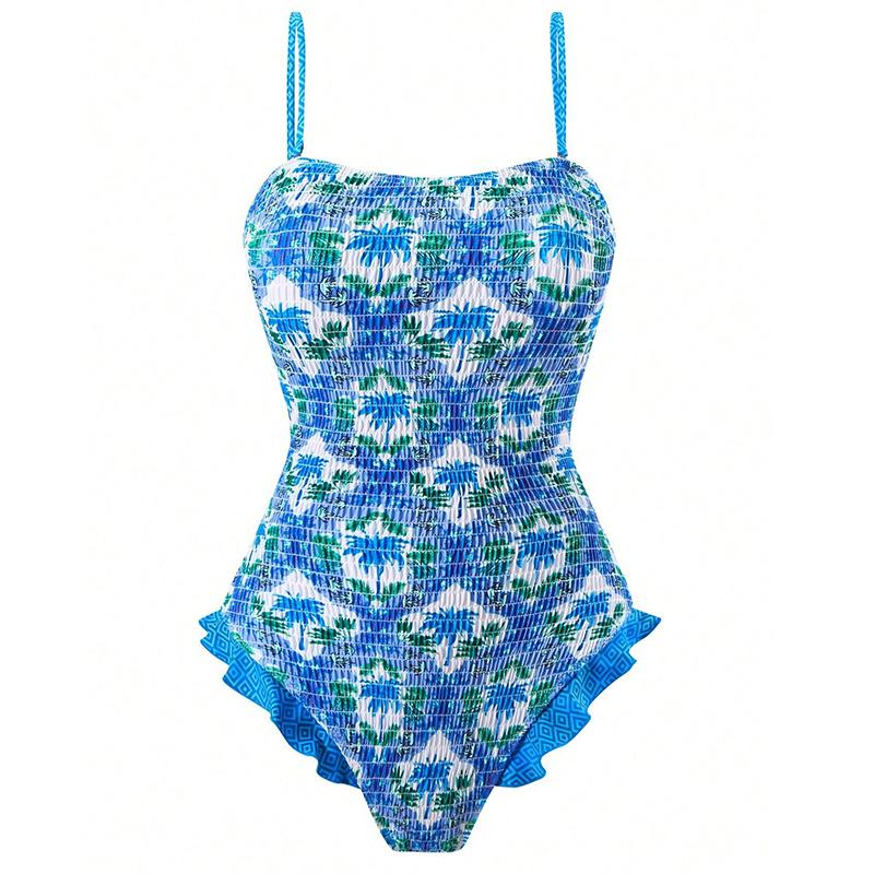 

Женский купальник с принтом, оборками и складками, цельный, с высоким вырезом для ног, для купания XL синий