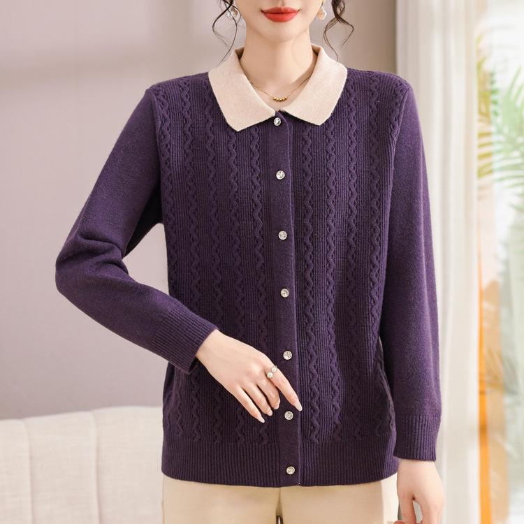 Fashionable Mother Lapel Cardigan Sweater for Women Autumn and Winter Cardigan Short Large Size Middle-aged Women Knitted Long-sleeved Jacket