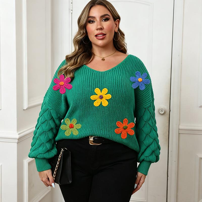 Women Autumn Winter Plus Size Long Sleeve V Neck Sweater Embroidered Flower Boho Cable Knit Long Sleeve Top