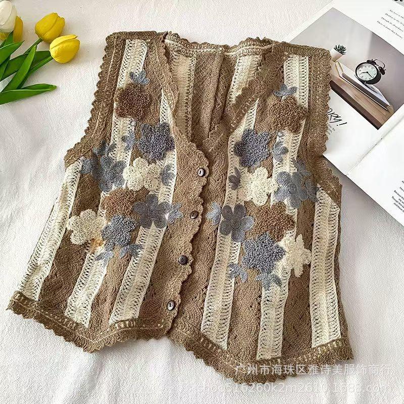 Korejská móda Háčkovaná vesta s dutým výstřihem do V Dámské Elegantní Volné Ležérní Pletený Cardigan Krátké topy Svetr Jednoduché oblečení bez rukávů 3410