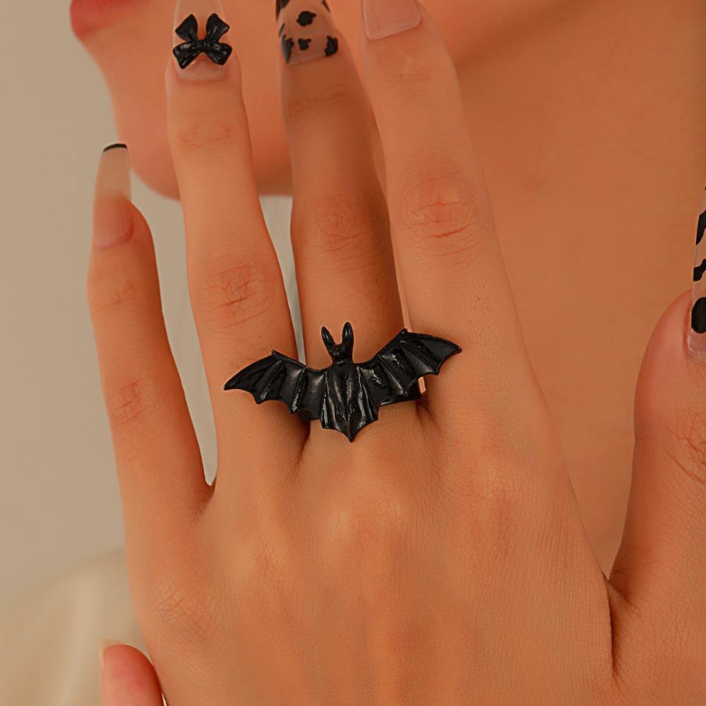 Shiny Rhinestone Spider Web Heart Ring Dark Fashion Halloween Opening Ring Gothic Bat Ring  Party