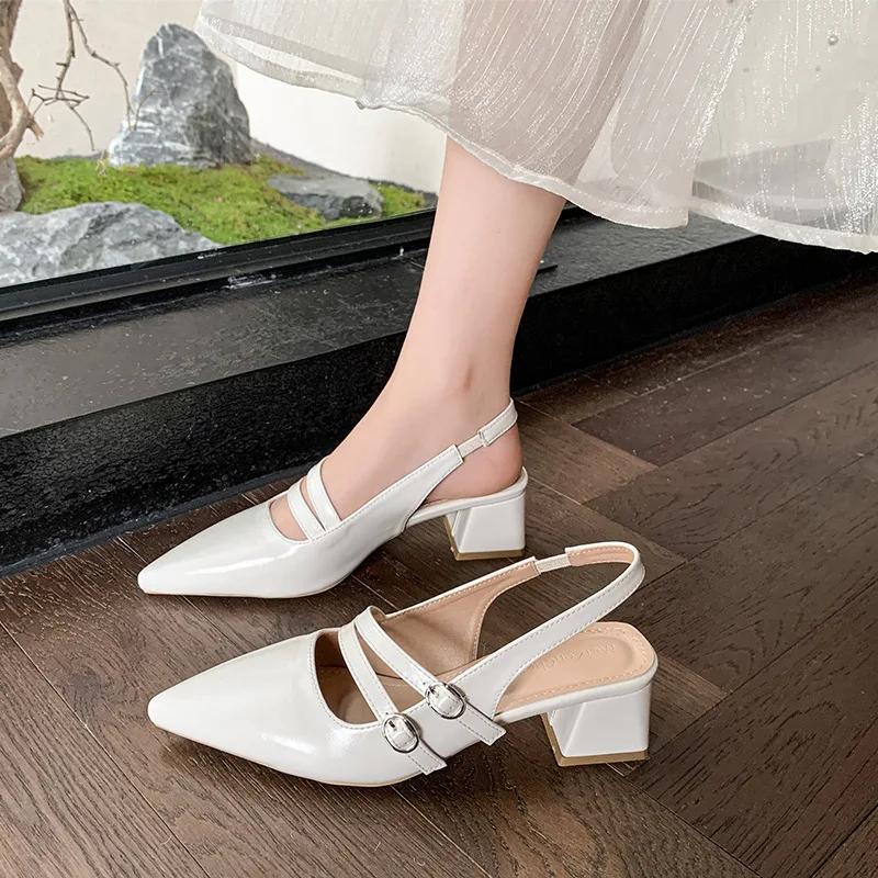 Comfort Shoes for Women Buckle Luxury Sandals Block Heels 2025 Summer Suit Female Beige Med Retro Fashion Chunky Girls