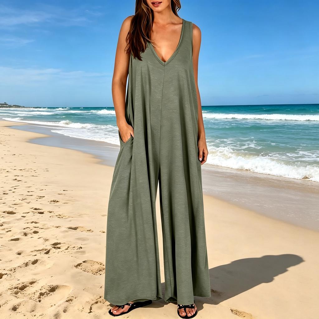 Women's Sleeveless Jumpsuit Wide Leg Pocket Romper V Neck Casual Loose Fit One Piece Outfit