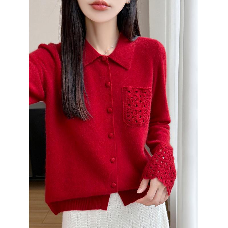 Elegant Wool Sweater: Women's Hollow-Stitch Long Sleeve Lapel Knitwear for Autumn and Winter