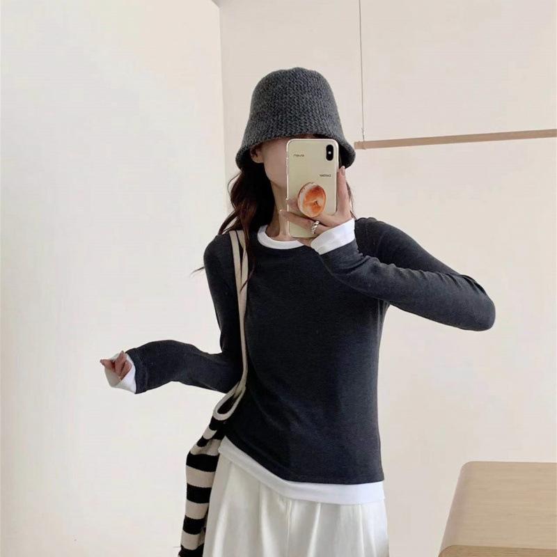 Ladies Autumn Winter Long Sleeve Fake Two Piece Basic Solid Color Pullover Knitted T Shirt Top