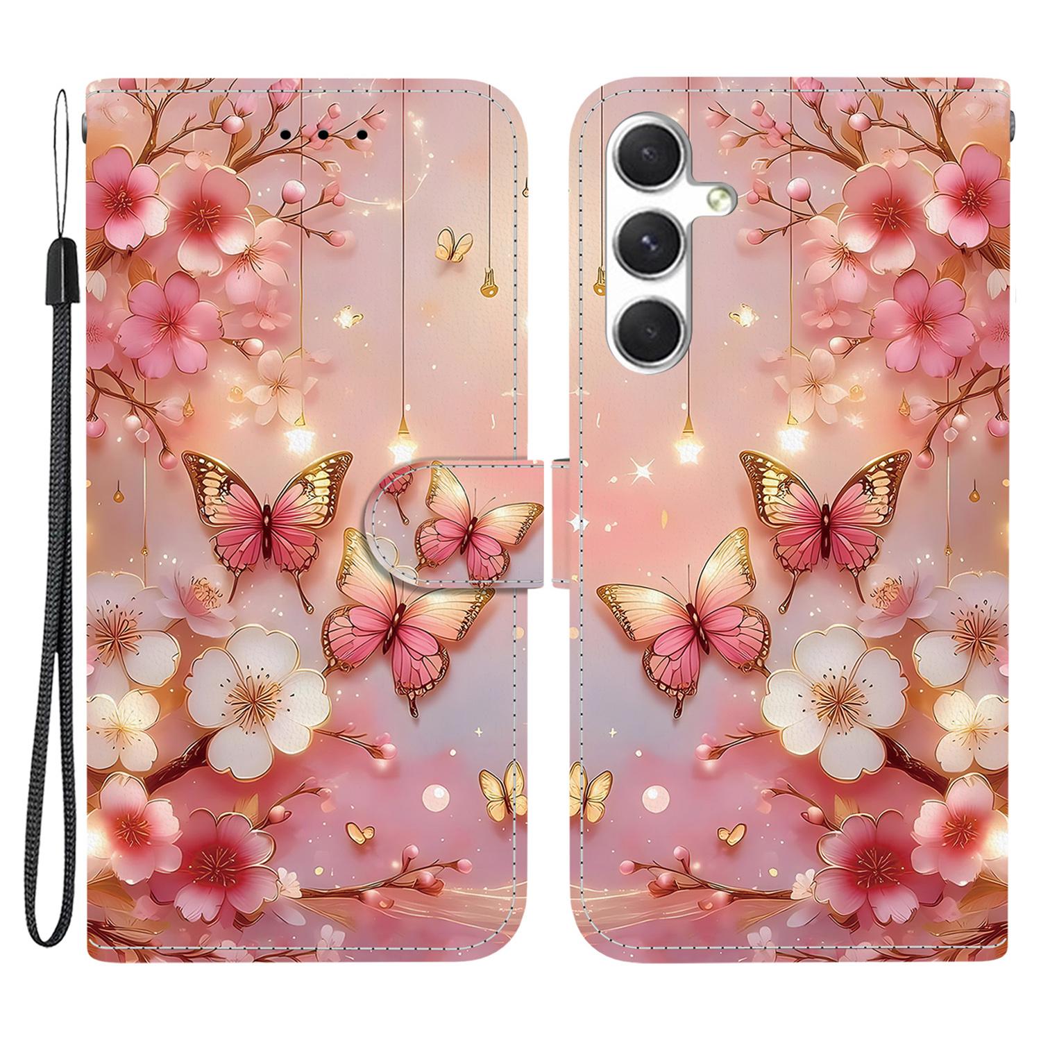 

For Samsung Galaxy S25+/S24+ Leather Case Stand Wallet Pattern Printing Phone Cover with Wrist Strap Lantern Butterfly