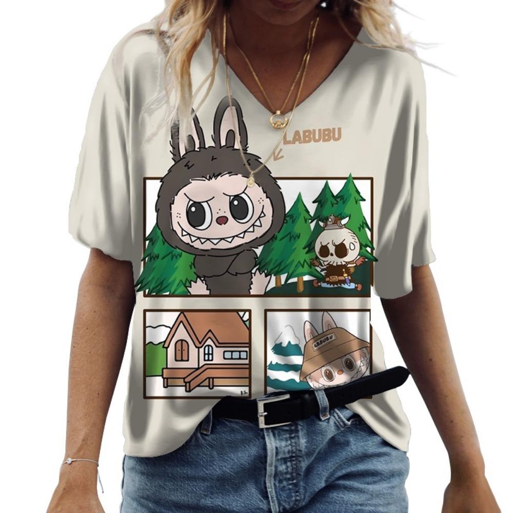 

Бавовняна футболка з коротким рукавом Labubu, Літо 2025, З рукавом до ліктя, У стилі інс, Універсальний вуличний одяг, Повсякденна жіноча футболка з коротким рукавом 4XL