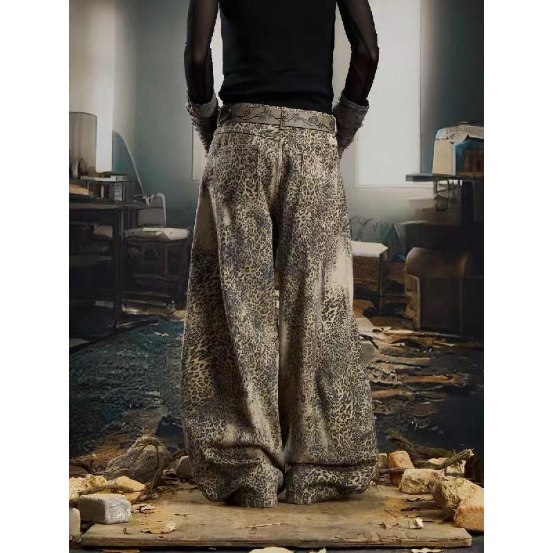 New Distressed Leopard Print Wide-leg Jeans for Men, Casual and Trendy Loose-fitting Trousers