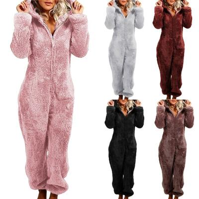 Frauen Herbst Winter Nette Bär Fleece Mit Kapuze Pyjama Flanell Warm Zipper Pyjama Langarm Hosen Overall Nachtwäsche