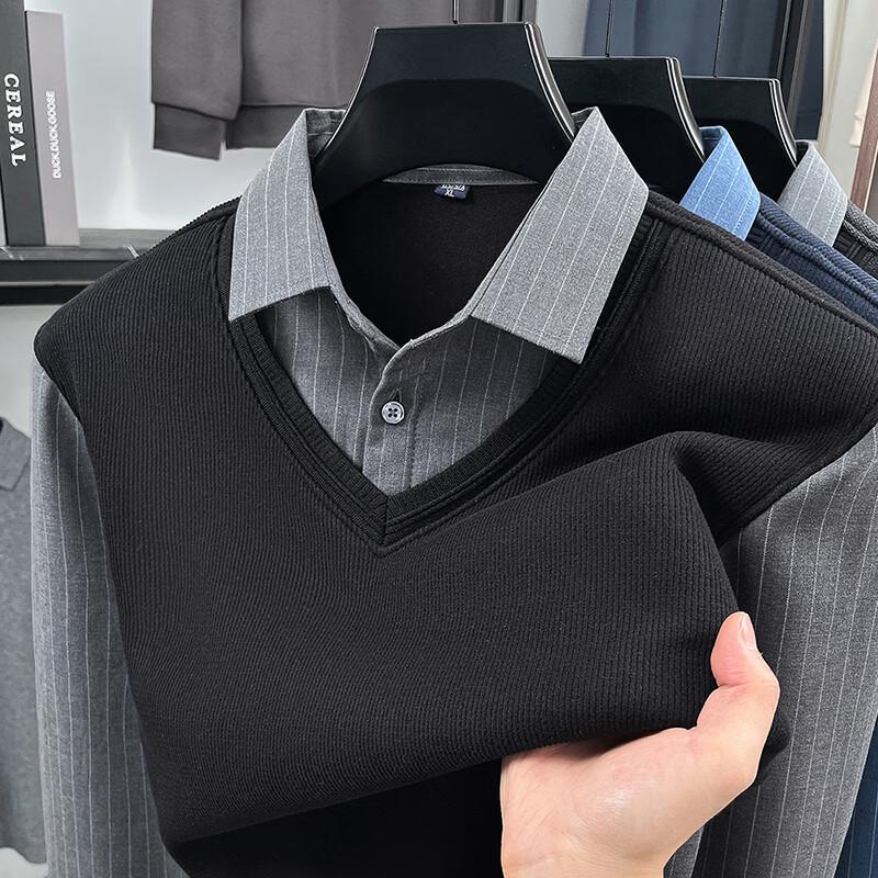 

Firstview Men s Business Casual Faux Two-Piece Striped Long-Sleeve Shirt L