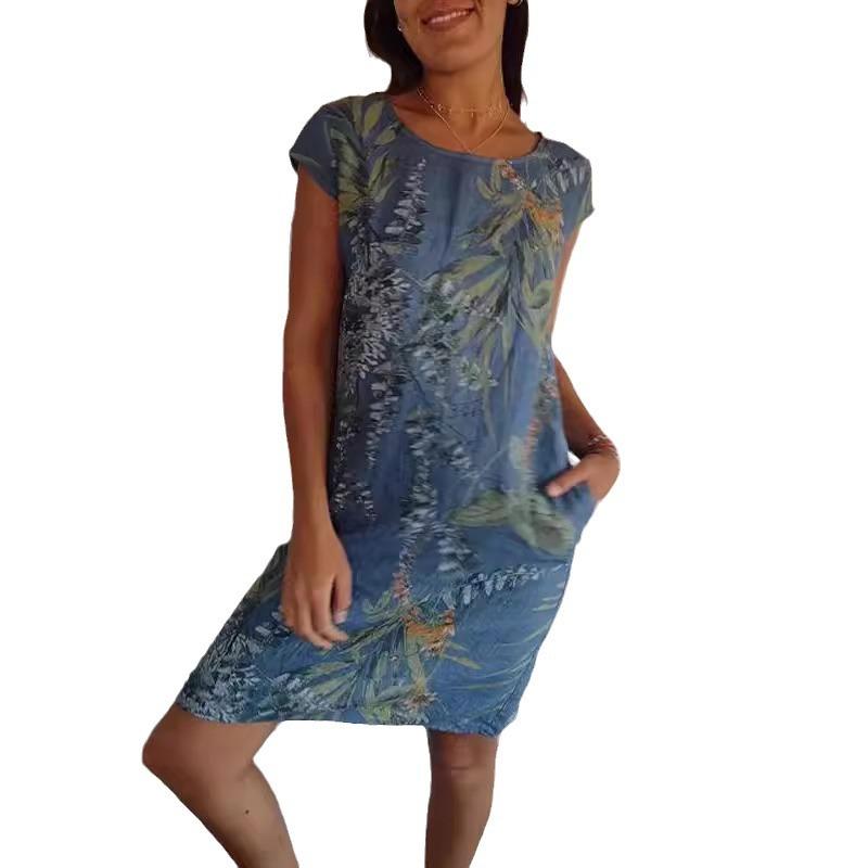 

Женское короткое платье в стиле ретро с короткими рукавами и круглым вырезом, напечатанным карманом XXXL синий